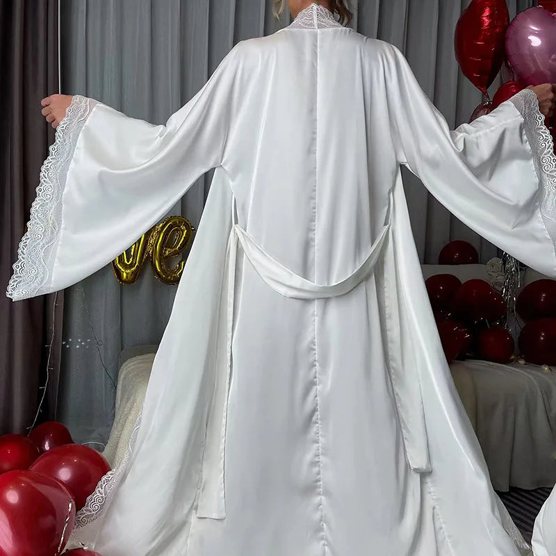 Sexy lace-trimmed bathrobe with wide sleeves for women,