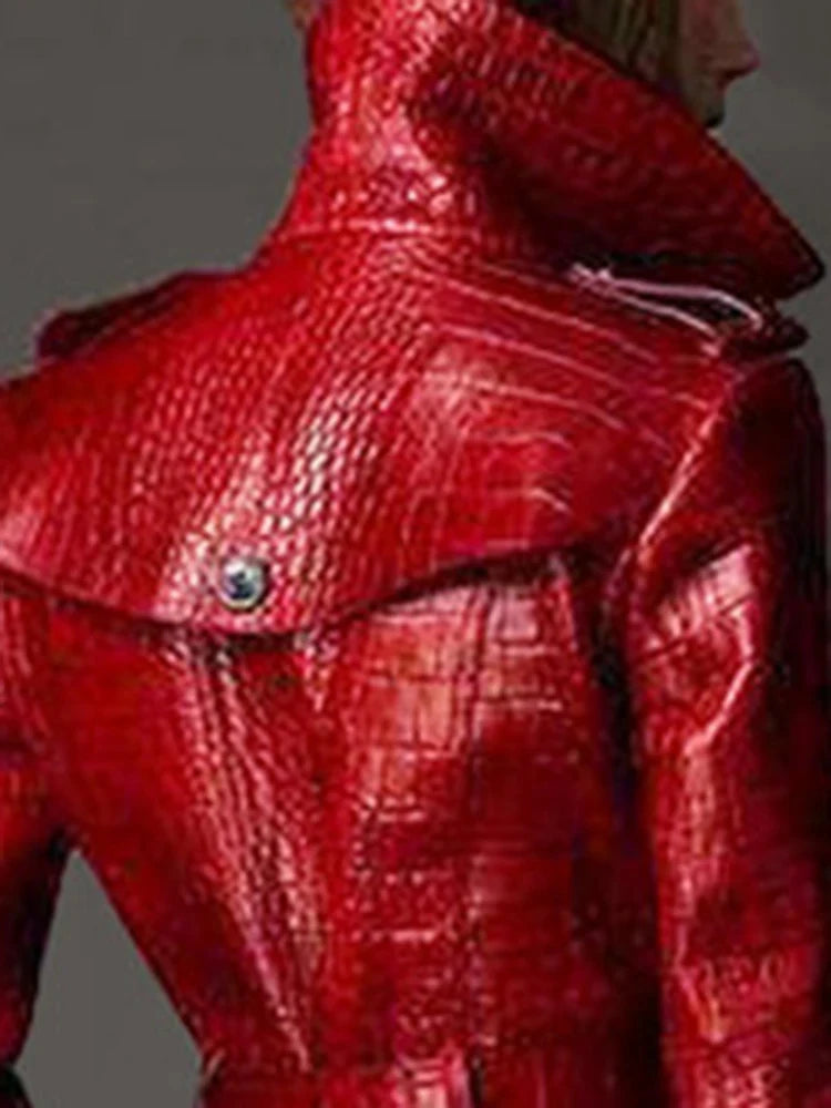 Women's long red leather trench coat,