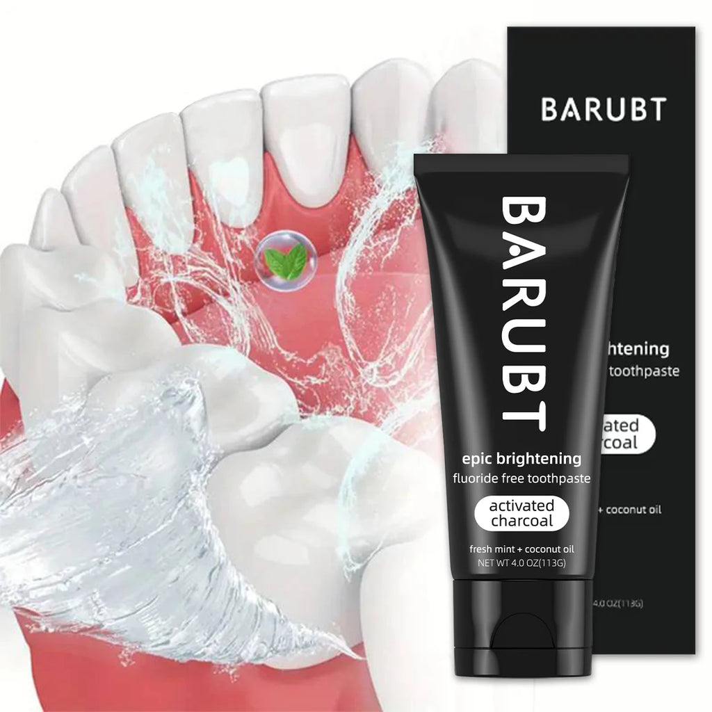 Whitening toothpaste with activated charcoal and mint removes teeth stains.