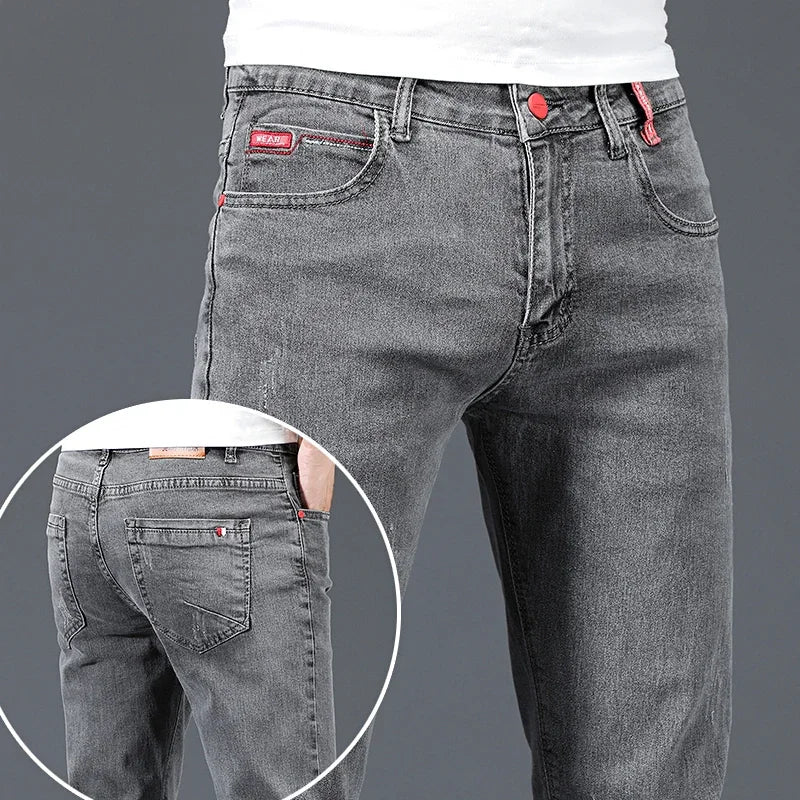 New men's slim-fit cotton jeans,

بنطلون جينز رجالي جديد مصنوع من القطن بقصة ضيقة،
