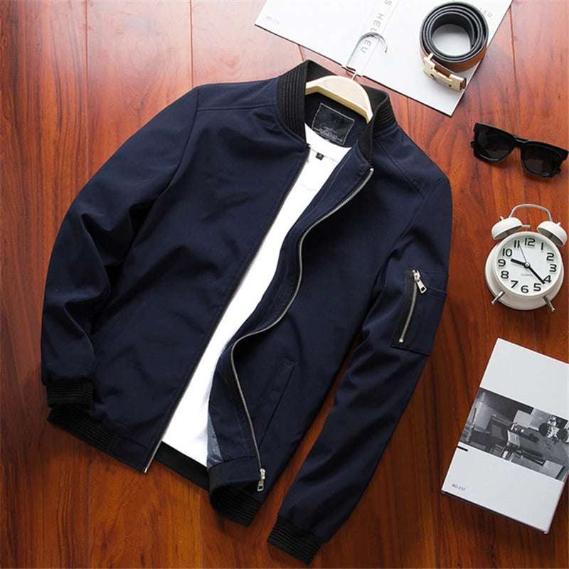 Men's slim-fit bomber jacket with long sleeves,
جاكيت رجالي بومبر رفيع بأكمام طويلة،