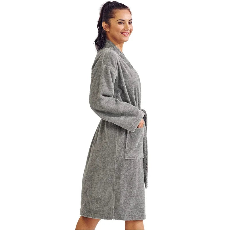 Women's Cotton Terry Bathrobe V Neck Long Sleeve Winter Ladies Hotel Dressing Gown Solid Absorb Water Kimono For Female