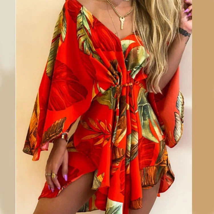 Sexy printed women's dress with a V-neck, wide sleeves, ruffles, and a loose, short floral print, perfect for summer vacations.