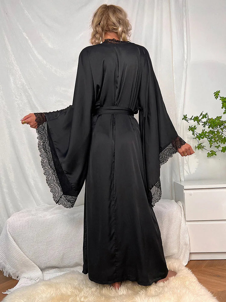 Ultra Long Kimono Bathrobe Gown Women Satin Nightgown Wide Sleeve Robe Silky Nightdress V-Neck Lounge Autumn New Sleepwear
