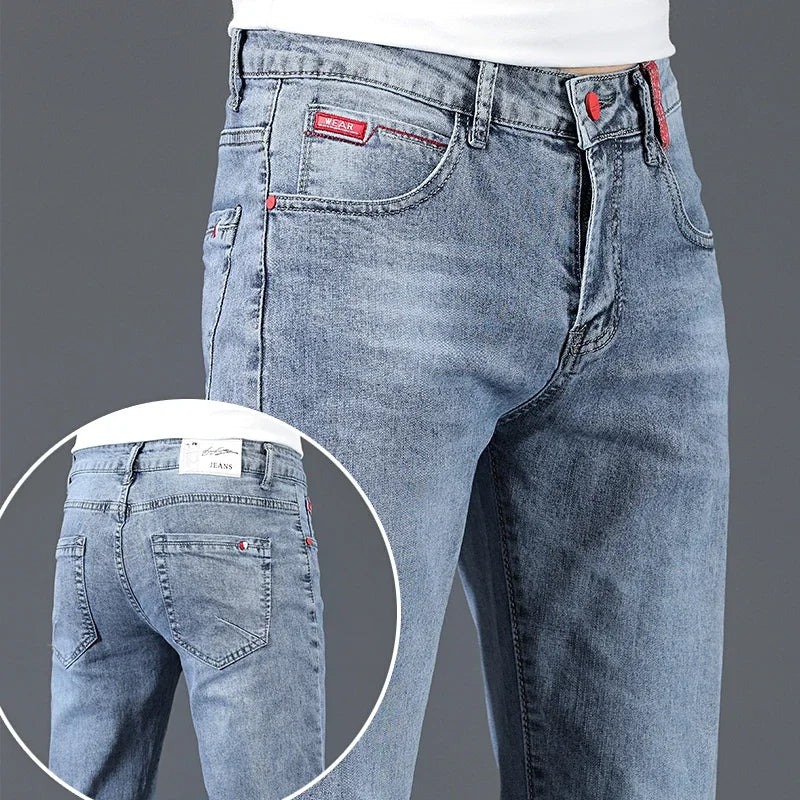 New men's slim-fit cotton jeans,

بنطلون جينز رجالي جديد مصنوع من القطن بقصة ضيقة،