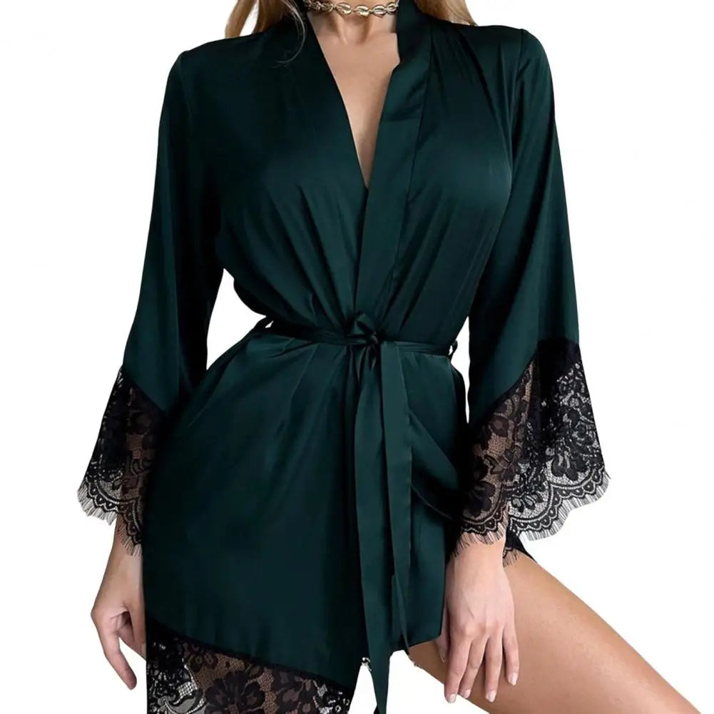 Women Nightdress Satin Lace Women Sleeping Robe Sexy See-through Tight Waist Women Pajamas Waist Belt Bath Robe Night Gown