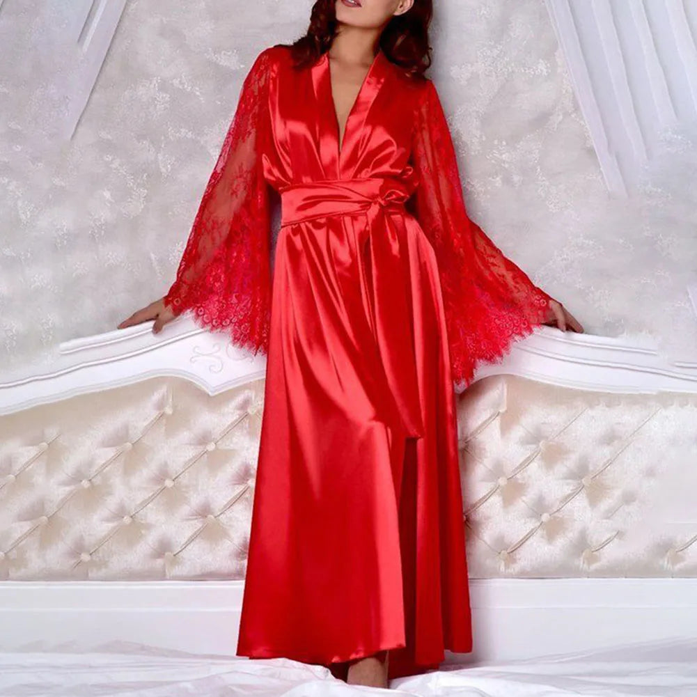 Sexy women's pajama set with satin-like lace sleeves and a tie at the waist. Sleepwear.