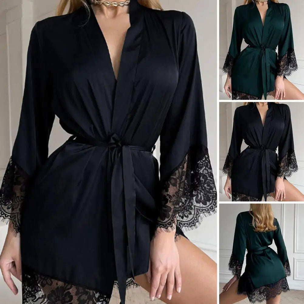 Women Nightdress Satin Lace Women Sleeping Robe Sexy See-through Tight Waist Women Pajamas Waist Belt Bath Robe Night Gown