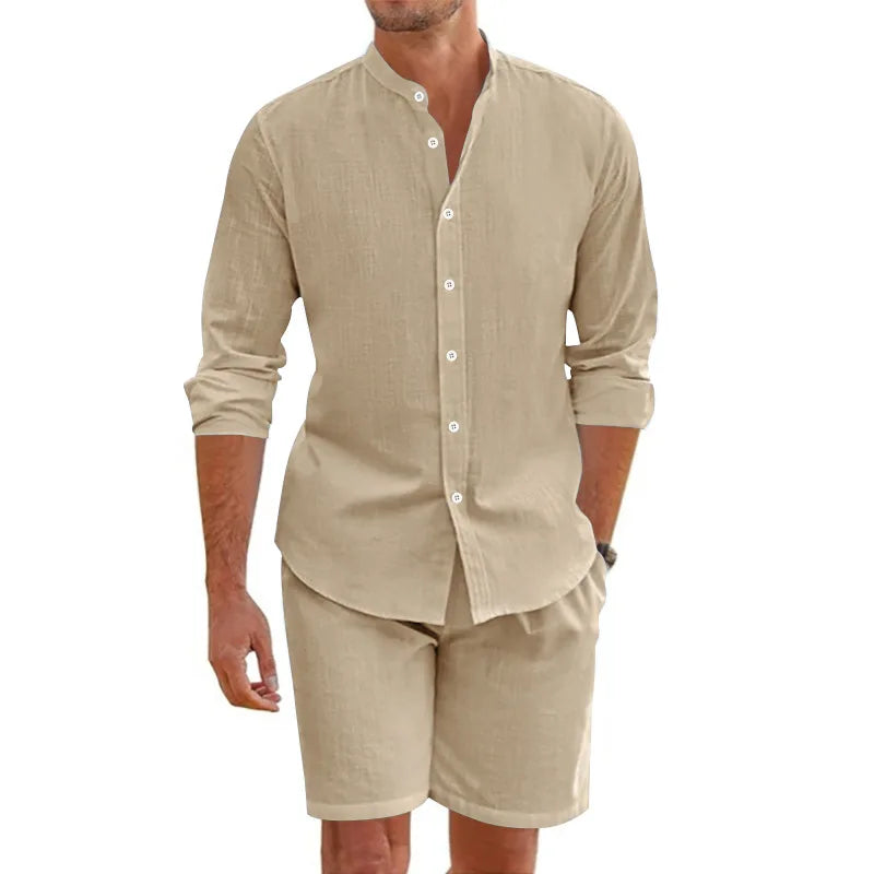 Men's summer suit, linen button-down shirt,