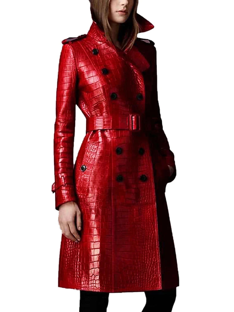 Women's long red leather trench coat,