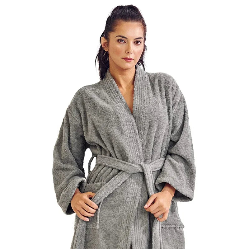 Women's Cotton Terry Bathrobe V Neck Long Sleeve Winter Ladies Hotel Dressing Gown Solid Absorb Water Kimono For Female