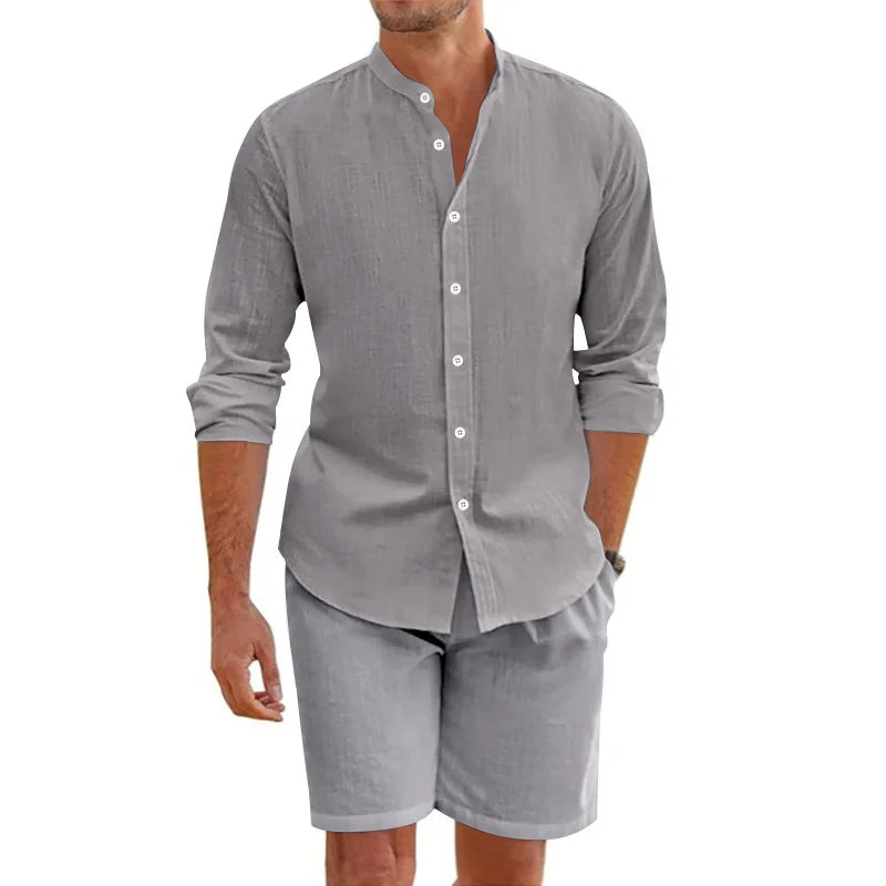Men's summer suit, linen button-down shirt,