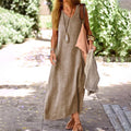Women's dress with a collar, made of cotton and linen, sleeveless.