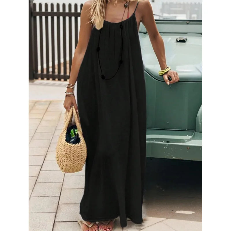 Long, loose-fitting house dress without straps or back, comfortable for sleeping