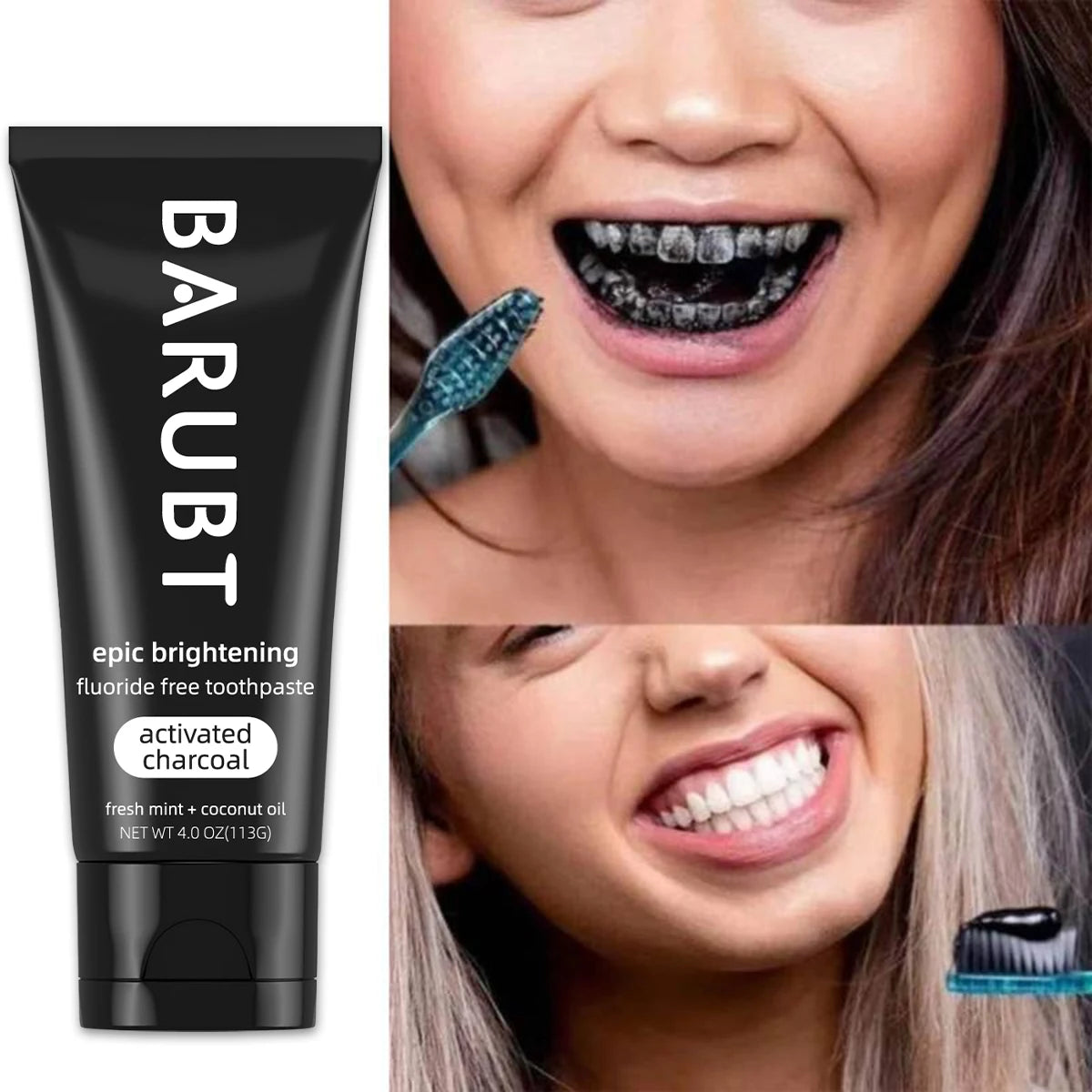 Whitening toothpaste with activated charcoal and mint removes teeth stains.