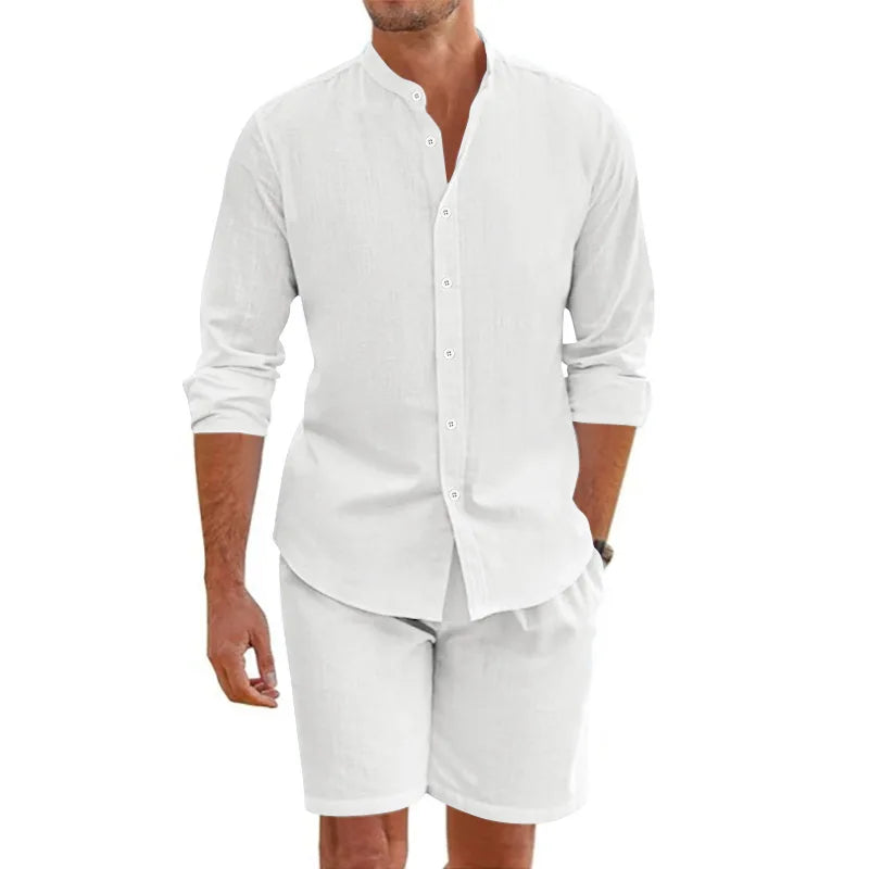 Men's summer suit, linen button-down shirt,