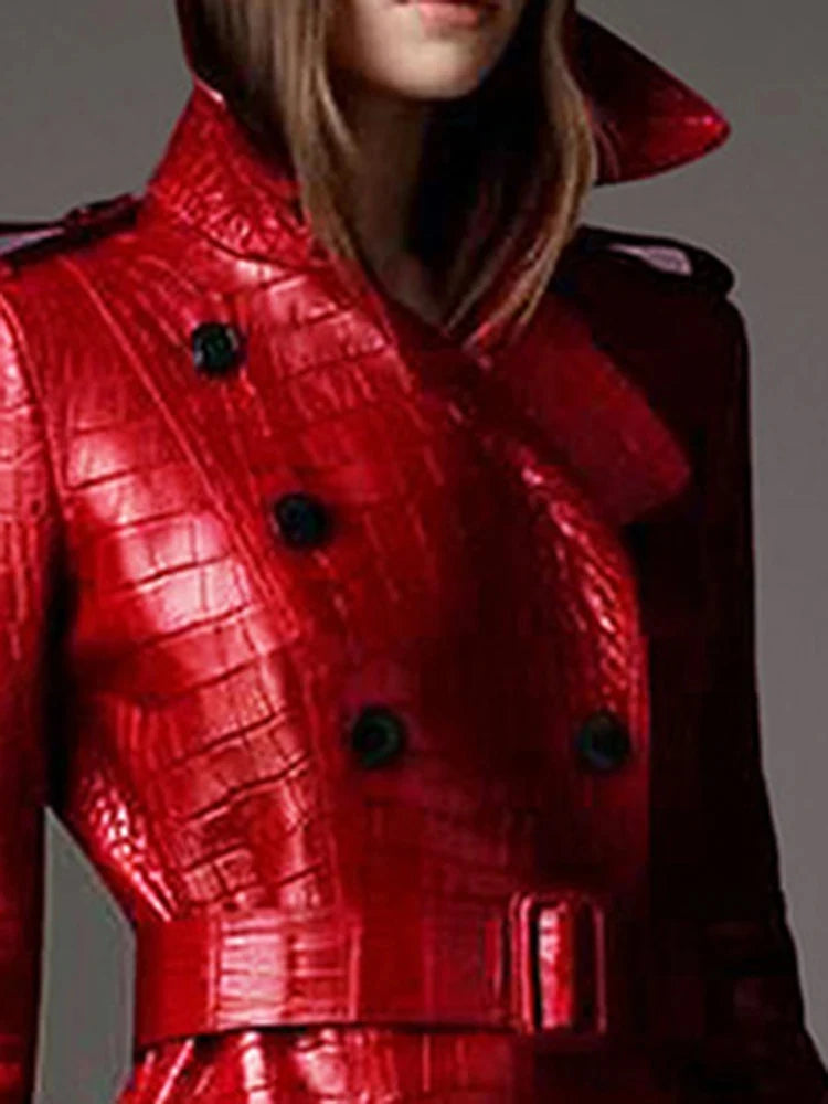 Women's long red leather trench coat,