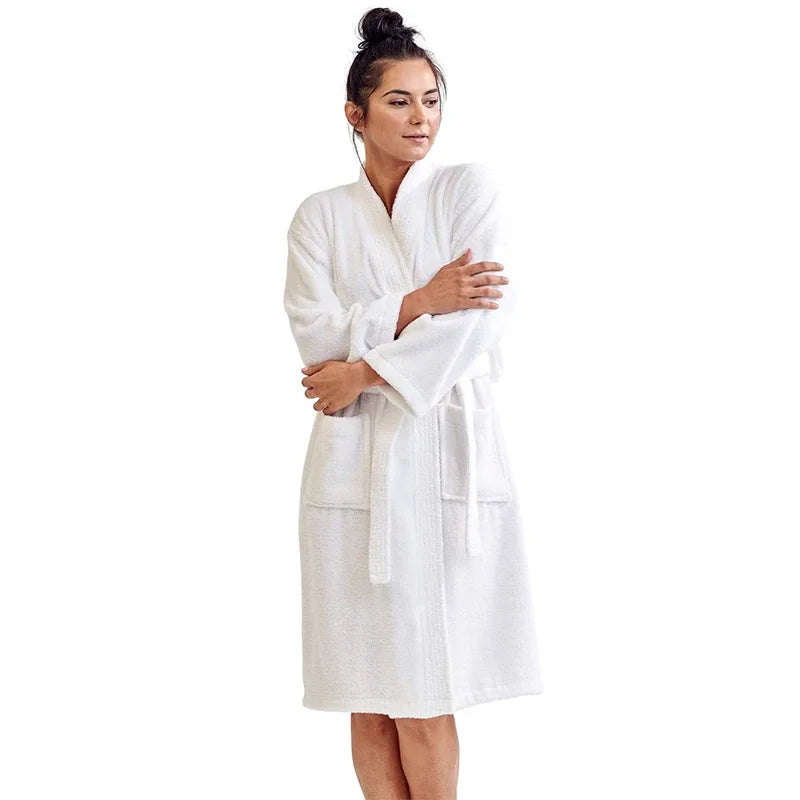 Women's Cotton Terry Bathrobe V Neck Long Sleeve Winter Ladies Hotel Dressing Gown Solid Absorb Water Kimono For Female