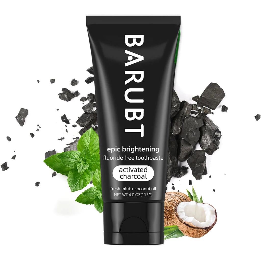 Whitening toothpaste with activated charcoal and mint removes teeth stains.