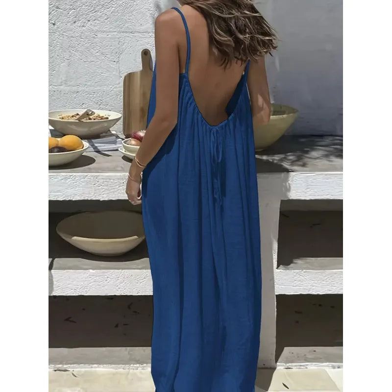 Long, loose-fitting house dress without straps or back, comfortable for sleeping