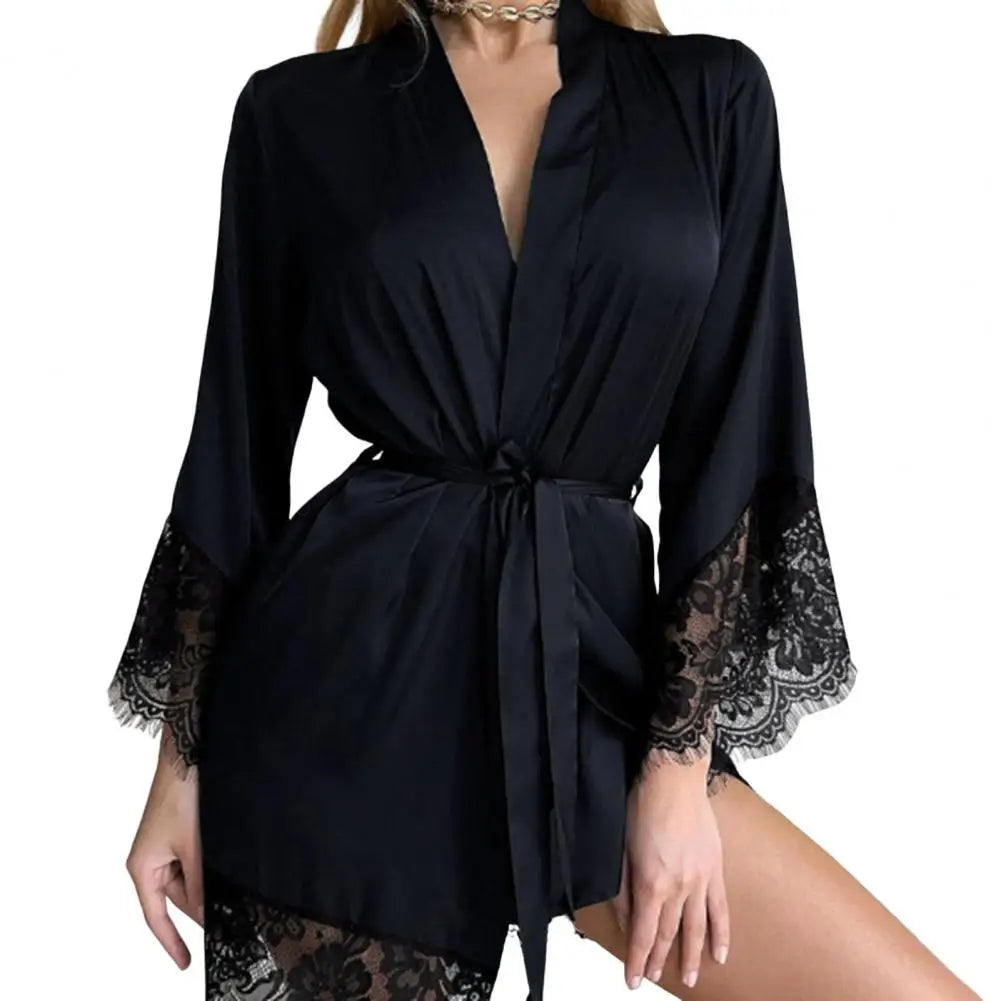 Women Nightdress Satin Lace Women Sleeping Robe Sexy See-through Tight Waist Women Pajamas Waist Belt Bath Robe Night Gown