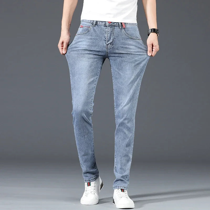 New men's slim-fit cotton jeans,

بنطلون جينز رجالي جديد مصنوع من القطن بقصة ضيقة،