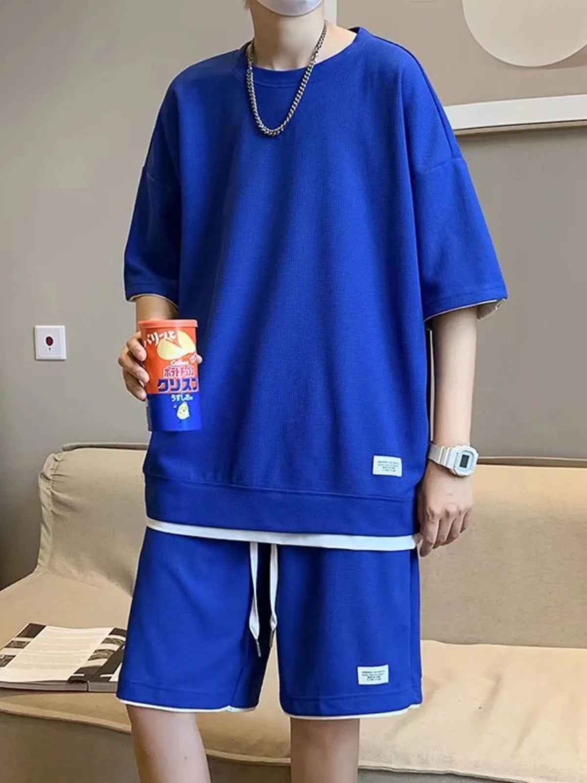 New men's summer sports set, T-shirt and shorts,