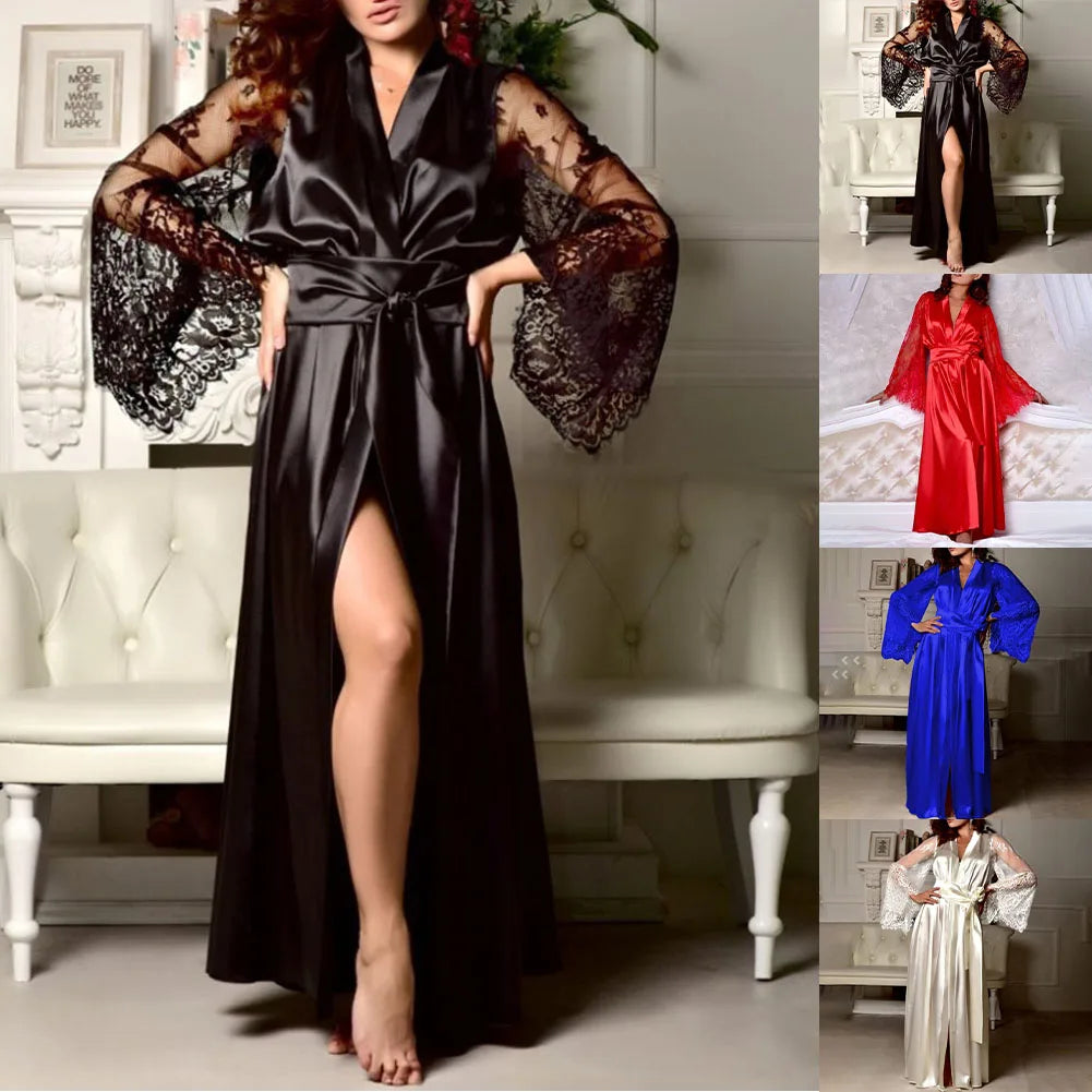 Sexy women's pajama set with satin-like lace sleeves and a tie at the waist. Sleepwear.