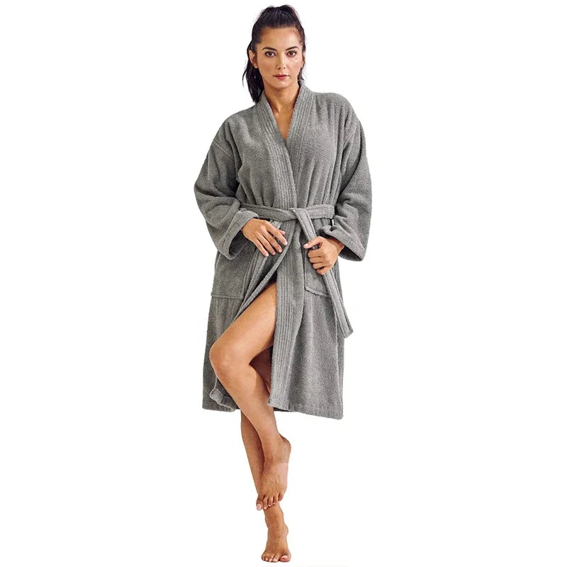 Women's Cotton Terry Bathrobe V Neck Long Sleeve Winter Ladies Hotel Dressing Gown Solid Absorb Water Kimono For Female
