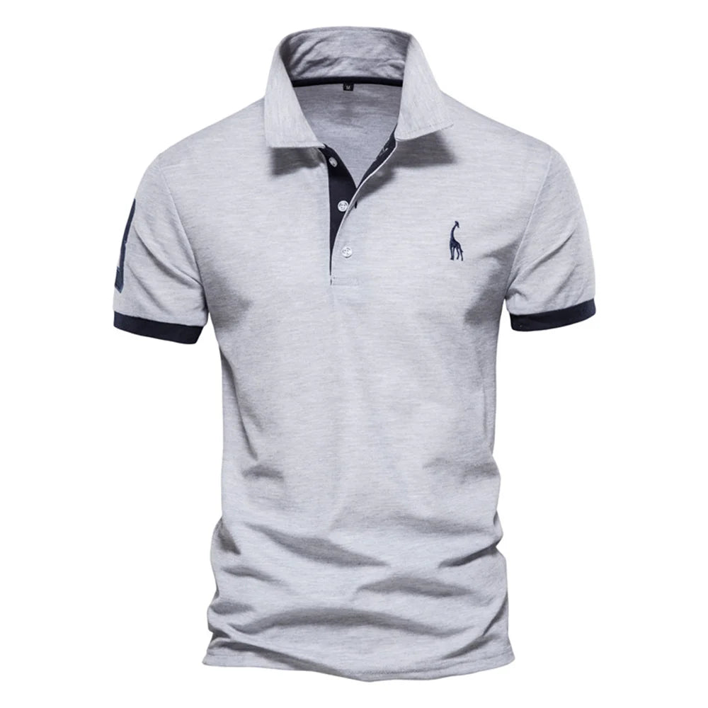 High-quality embroidered men's polo shirt with a giraffe design, suitable for summer, with short sleeves.
قميص بولو رجالي مطرز عالي الجودة بتصميم زرافة مناسب للصيف بأكمام