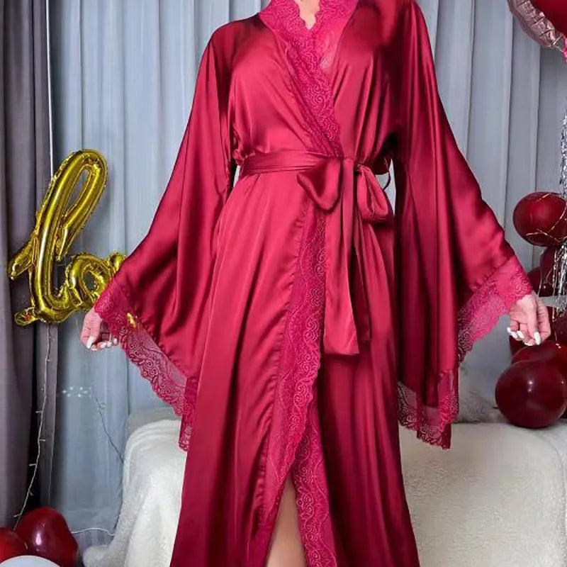 Sexy lace-trimmed bathrobe with wide sleeves for women,