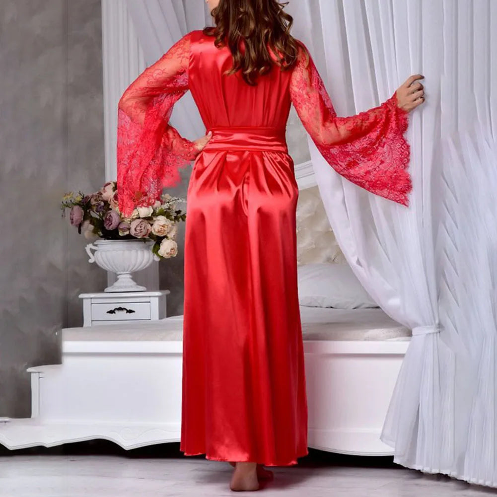 Sexy women's pajama set with satin-like lace sleeves and a tie at the waist. Sleepwear.