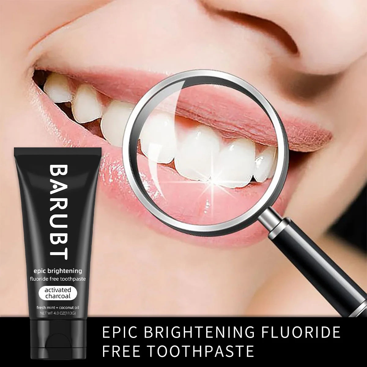 Whitening toothpaste with activated charcoal and mint removes teeth stains.