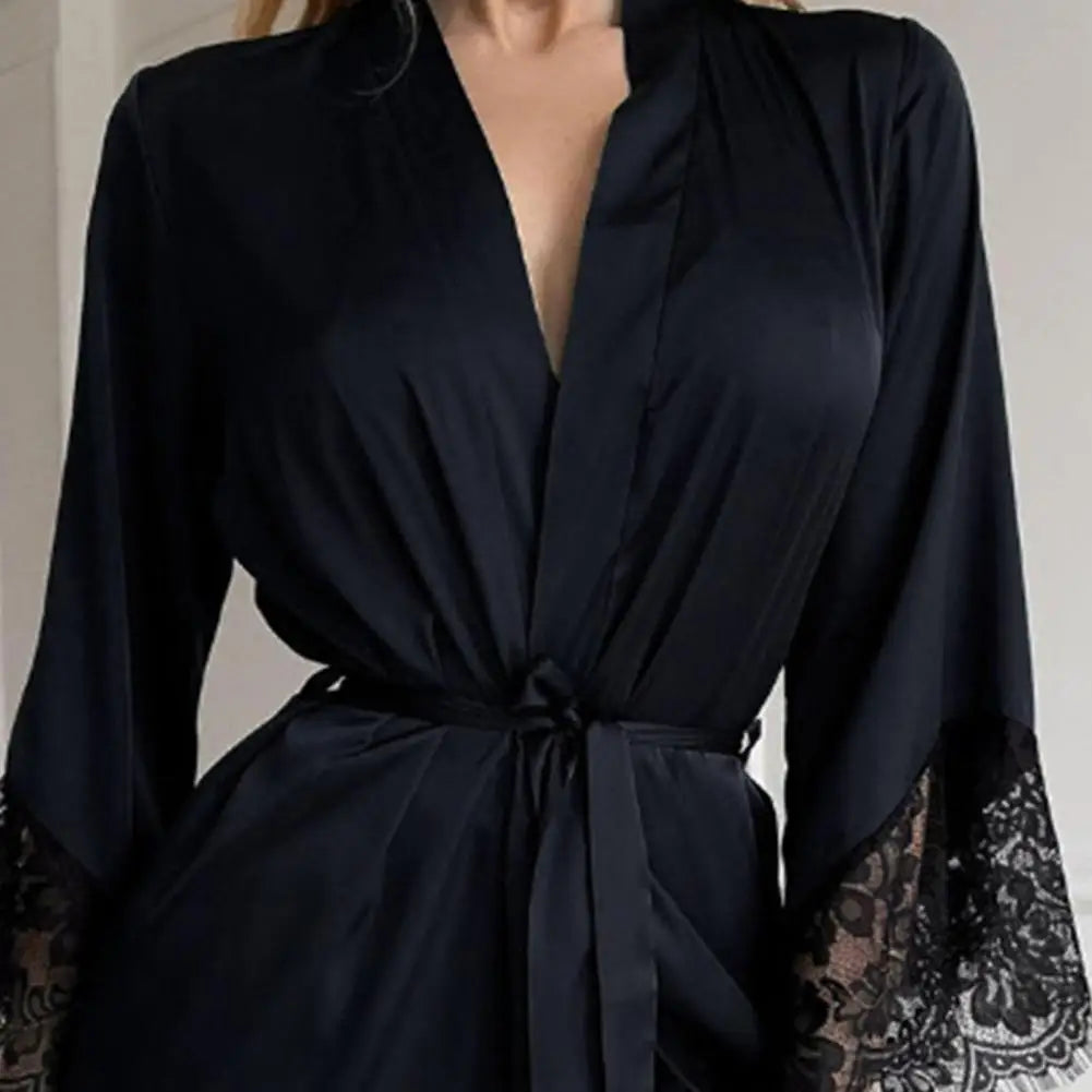 Women Nightdress Satin Lace Women Sleeping Robe Sexy See-through Tight Waist Women Pajamas Waist Belt Bath Robe Night Gown