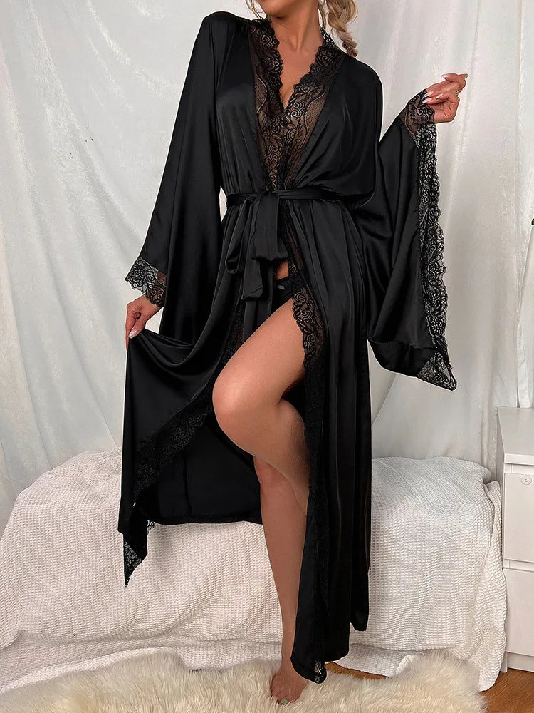 Ultra Long Kimono Bathrobe Gown Women Satin Nightgown Wide Sleeve Robe Silky Nightdress V-Neck Lounge Autumn New Sleepwear