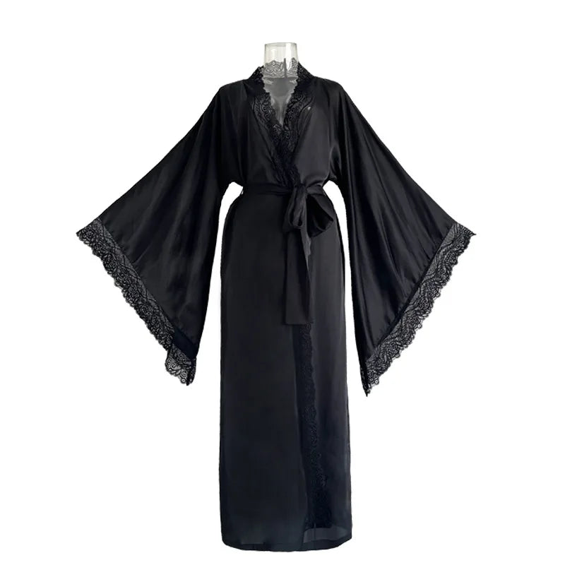 Ultra Long Kimono Bathrobe Gown Women Satin Nightgown Wide Sleeve Robe Silky Nightdress V-Neck Lounge Autumn New Sleepwear