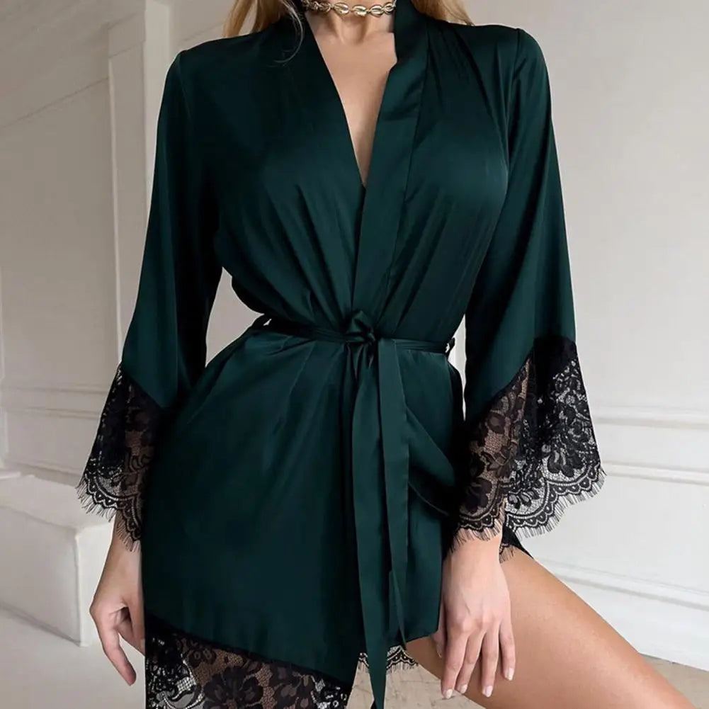 Women Nightdress Satin Lace Women Sleeping Robe Sexy See-through Tight Waist Women Pajamas Waist Belt Bath Robe Night Gown