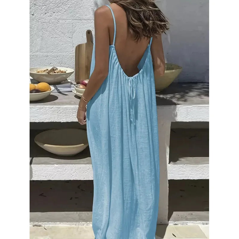 Long, loose-fitting house dress without straps or back, comfortable for sleeping