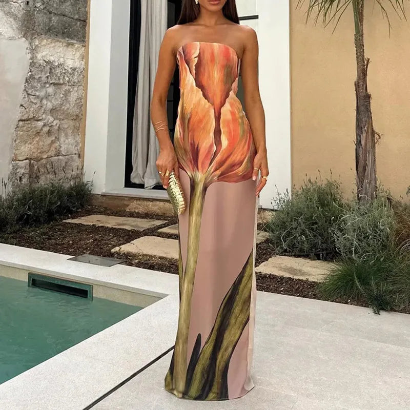 Long printed dress with open back