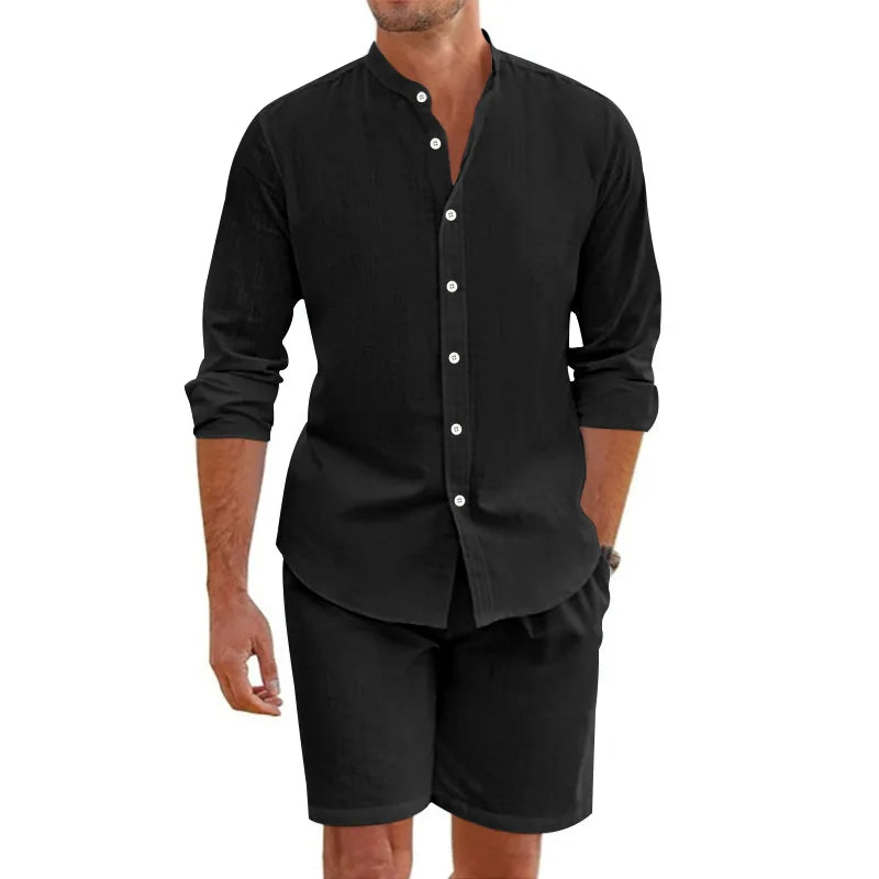 Men's summer suit, linen button-down shirt,