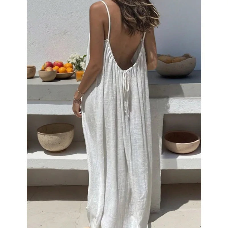 Long, loose-fitting house dress without straps or back, comfortable for sleeping