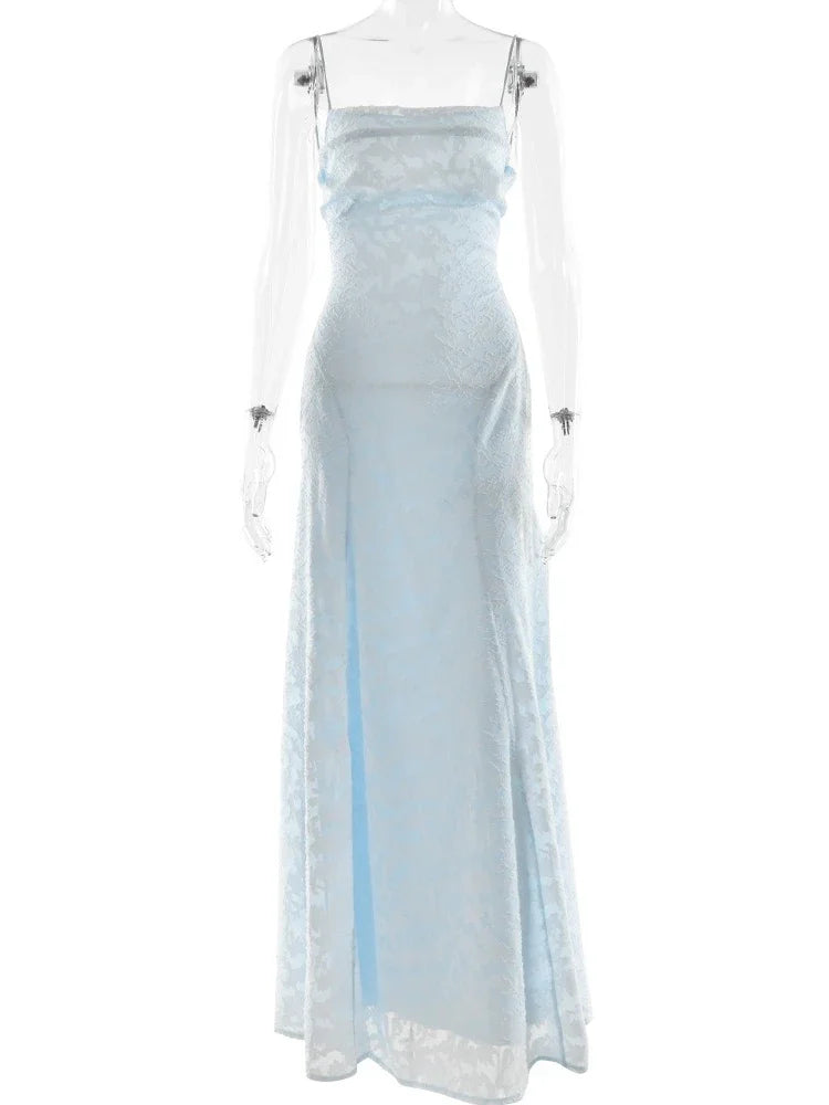 Women's long evening dress with an open back and thin straps,