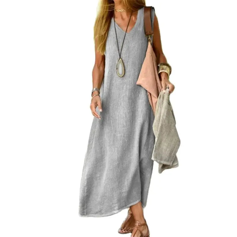 Women's dress with a collar, made of cotton and linen, sleeveless.