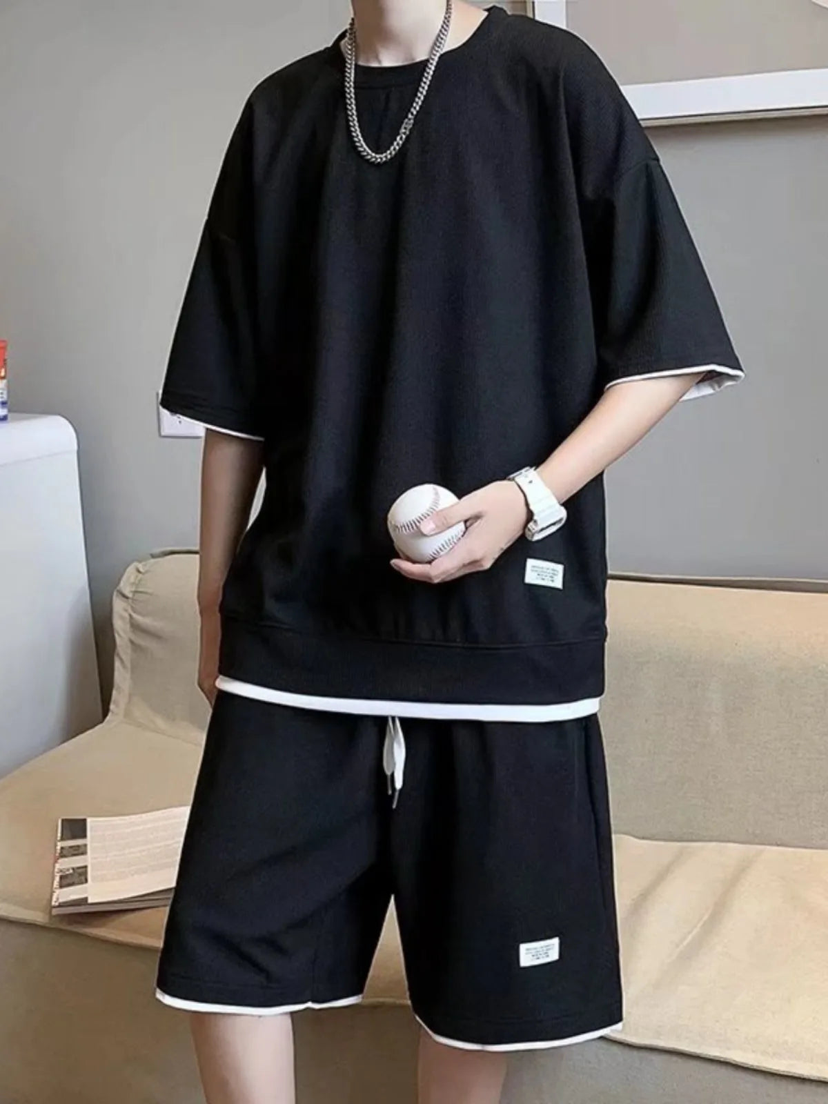 New men's summer sports set, T-shirt and shorts,