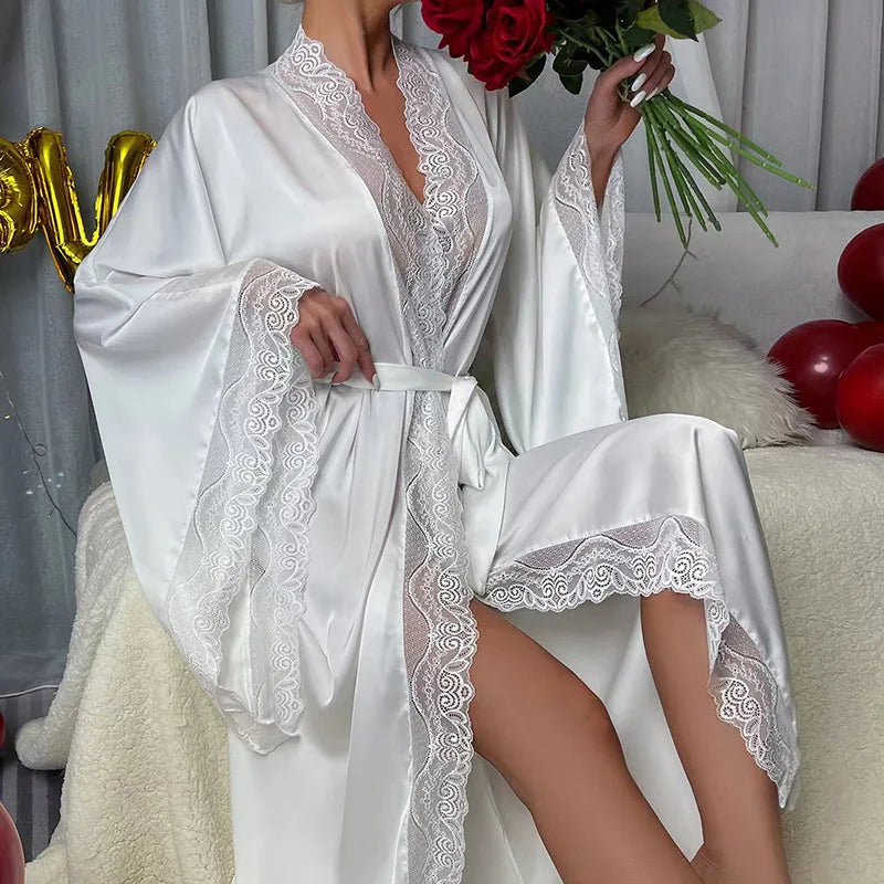Sexy lace-trimmed bathrobe with wide sleeves for women,