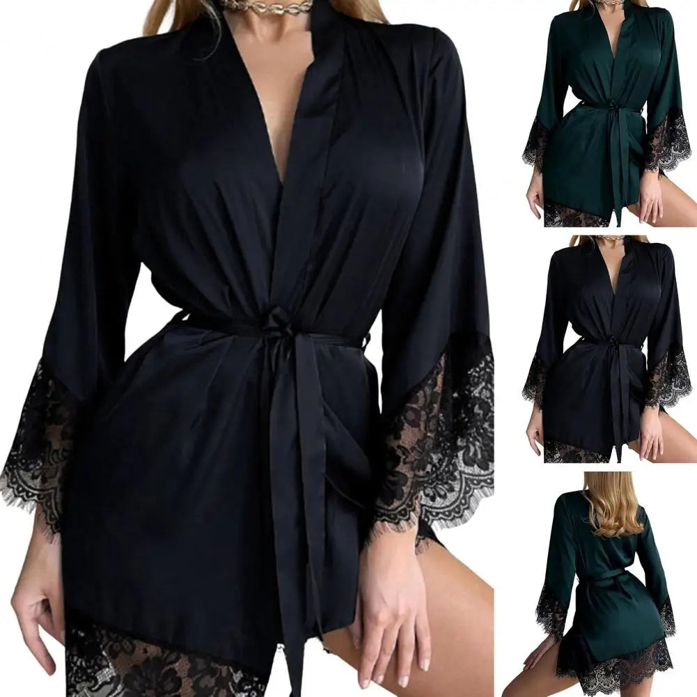 Women Nightdress Satin Lace Women Sleeping Robe Sexy See-through Tight Waist Women Pajamas Waist Belt Bath Robe Night Gown