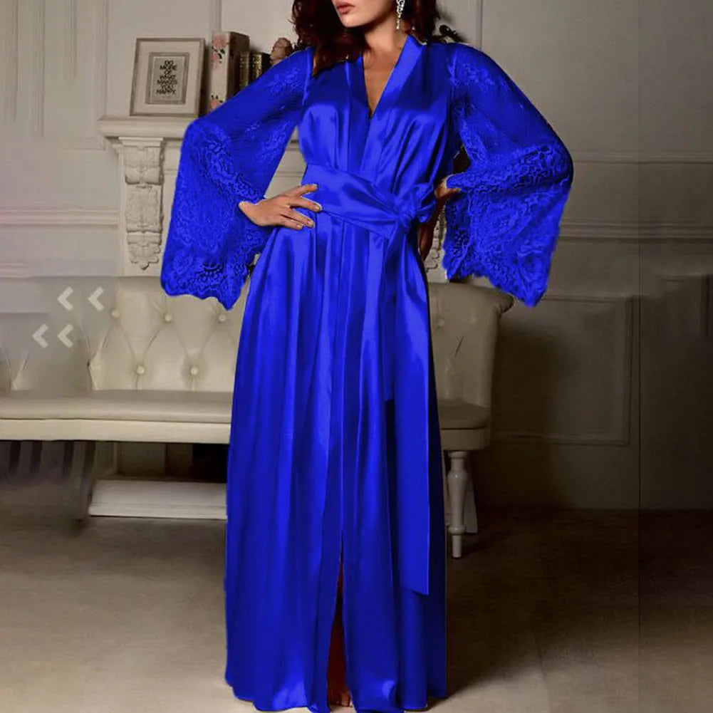 Sexy women's pajama set with satin-like lace sleeves and a tie at the waist. Sleepwear.